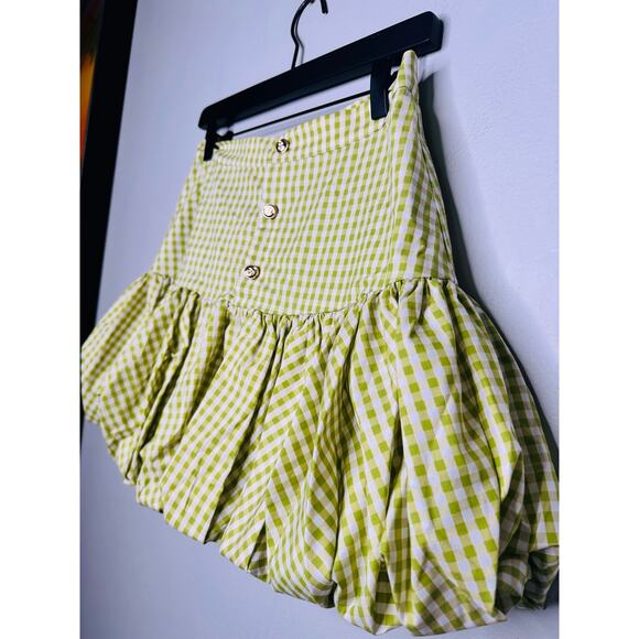 NWT CAROLINE CONSTAS Green White Gingham Checkered Reina Bubble Mini Skirt S - Picture 7 of 15
